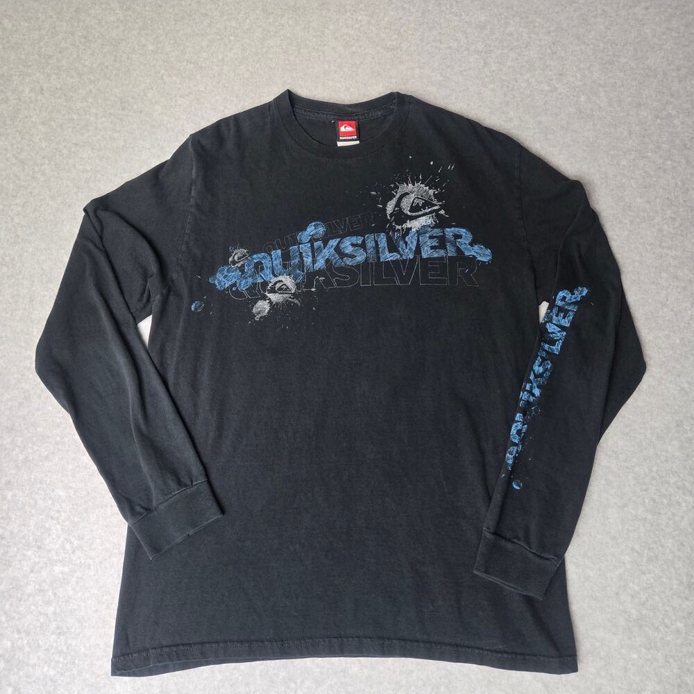 Vintage Y2K Quiksilver Black Long Sleeve Graphic Splattered Blue Logo - Size L